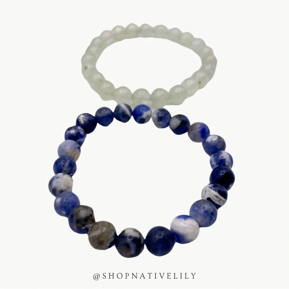 Natural Stone Stretch Beaded Bracelet Set Sodalite Quartz Blue Green Crystal OS